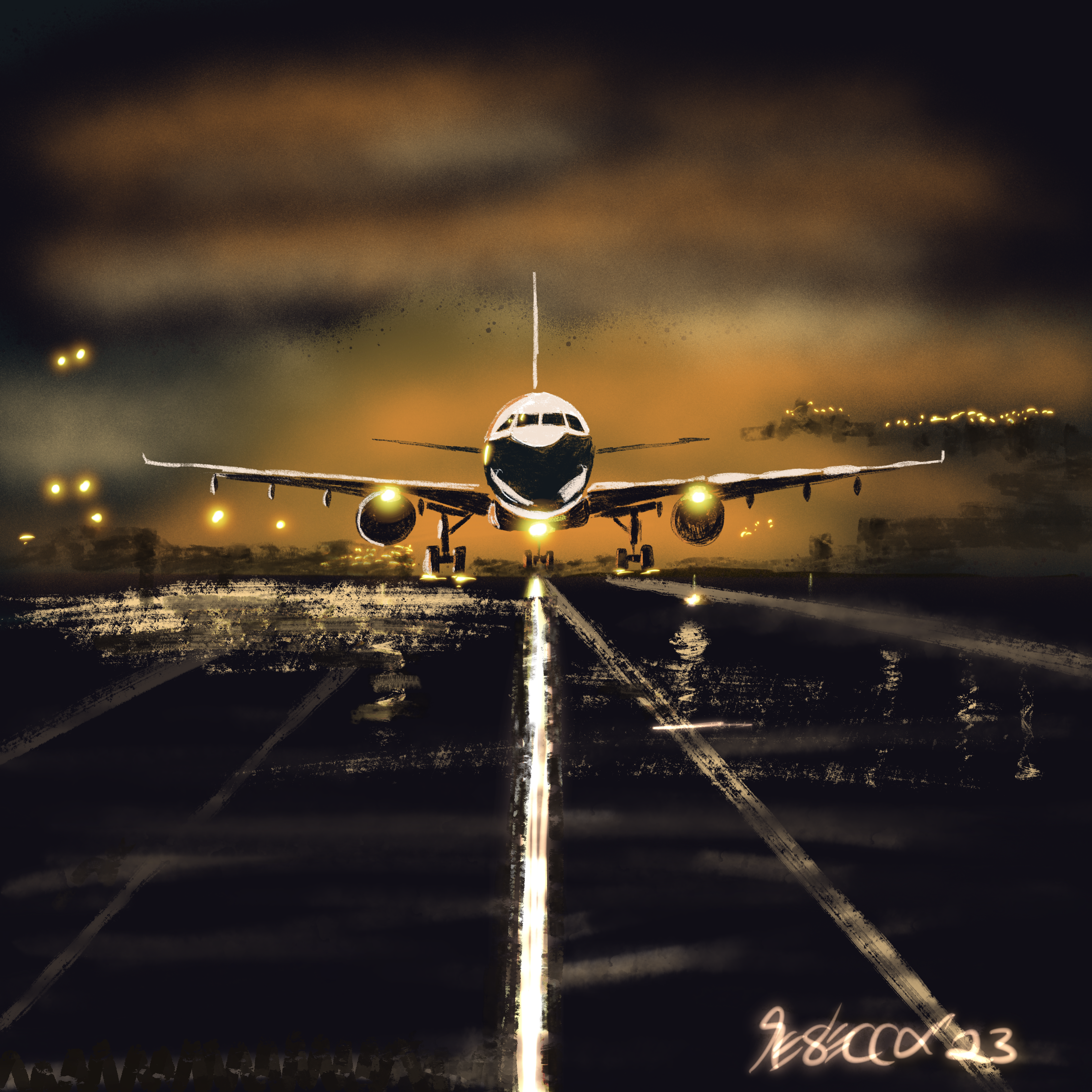 A loose painting of the Airbus A380 at night lined up for takeoff