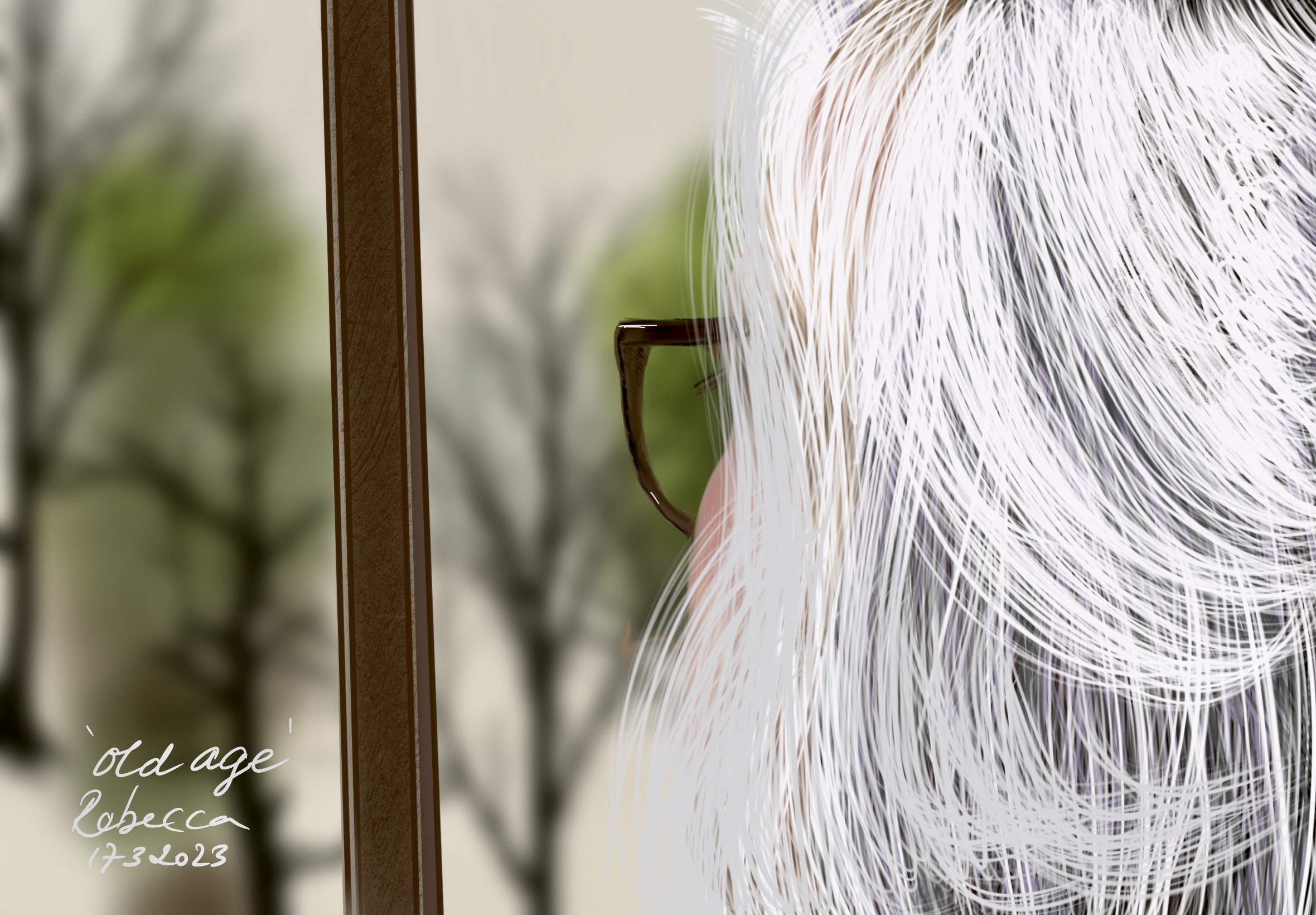 Woman with glasses and white hair looks out of a window