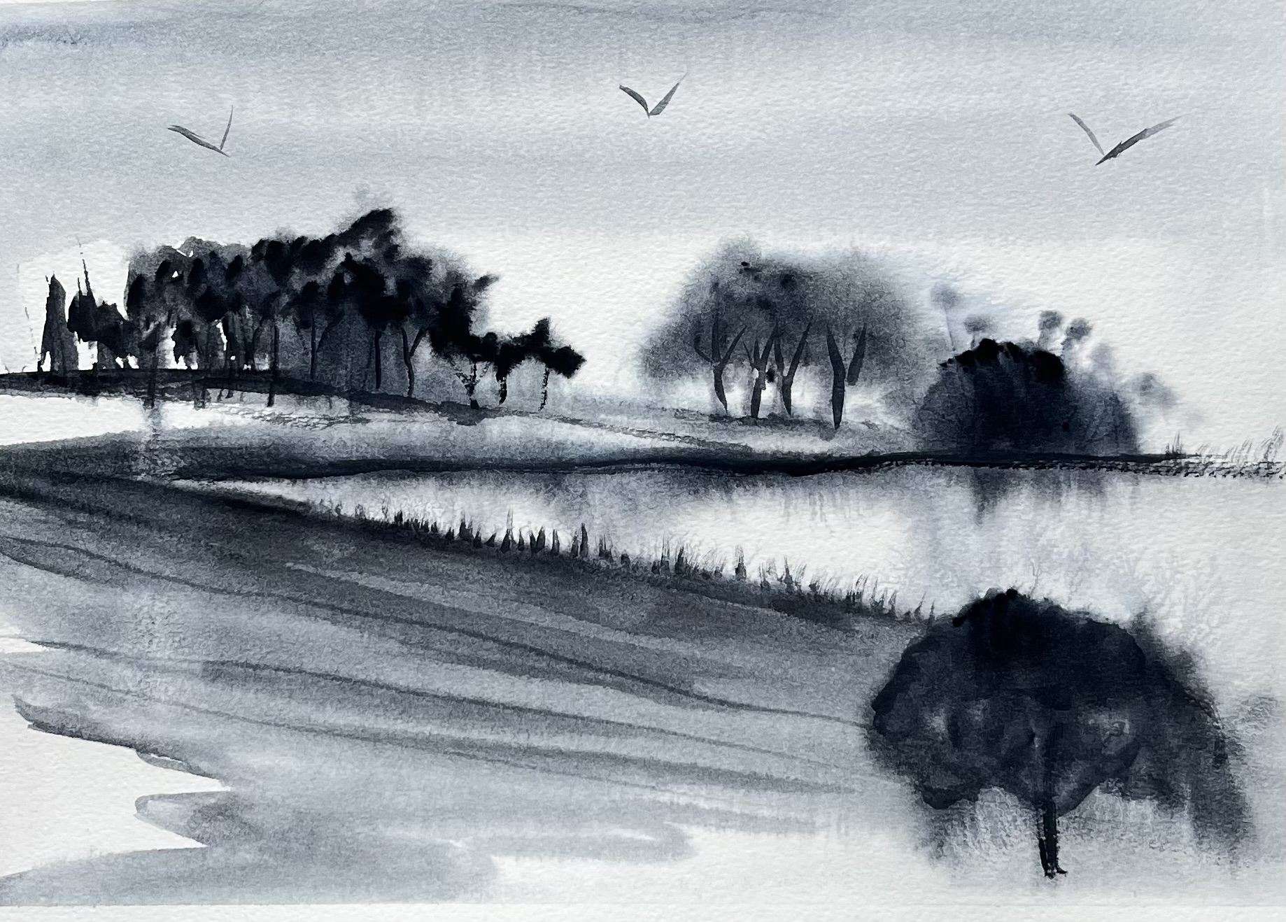 Loose watercolour landscape painted in Payne’s Grey