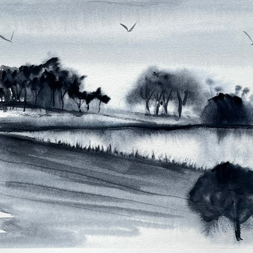 Loose watercolour landscape painted in Payne’s Grey