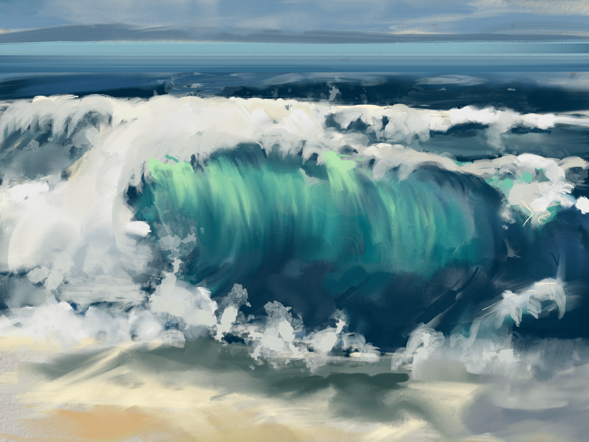 A digital painting of an ocean wave crashing onto the shore, created with soft and expressive brushstrokes. The wave is a vibrant mix of turquoise and deep blue, with foamy white spray and light reflections capturing the dynamic energy of the sea. The sky above is a blend of muted blue tones, with wisps of clouds adding depth to the scene. The sandy beach in the foreground is painted with light earthy colours. Created by Rebecca Art using Procreate.