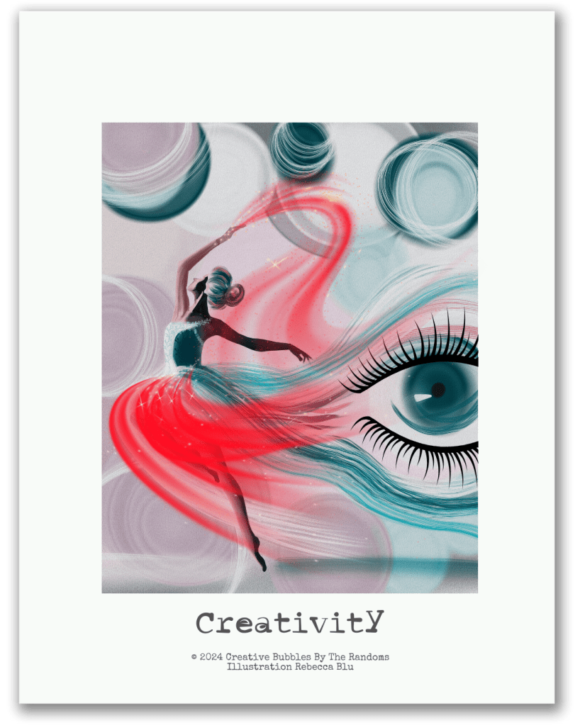 A dancer in a swirling dress made of flowing red and teal energy arcs across a dreamlike background of circular forms. One large eye peers from the right, its lashes echoing the movement of the dancer’s ribbon. The artwork suggests a powerful connection between imagination, movement, and vision.