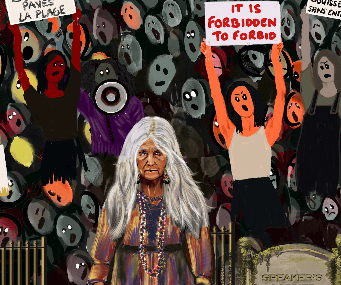 Illustration from Old Activism by Creative Bubbles. A solemn older woman with long white hair stands in front of a crowd of protesters holding signs that read “It is forbidden to forbid” and “Sous les pavés la plage.” Behind her, a mass of faceless figures shout, chant, and raise fists. Some wear bold colours; one uses a megaphone. The scene is rich with defiance and emotion, blending protest and poetry in a striking piece of art. Keywords: Creative Bubbles, Old Activism, protest, poetry, art, illustration, speaker’s corner, resistance, women’s voices.