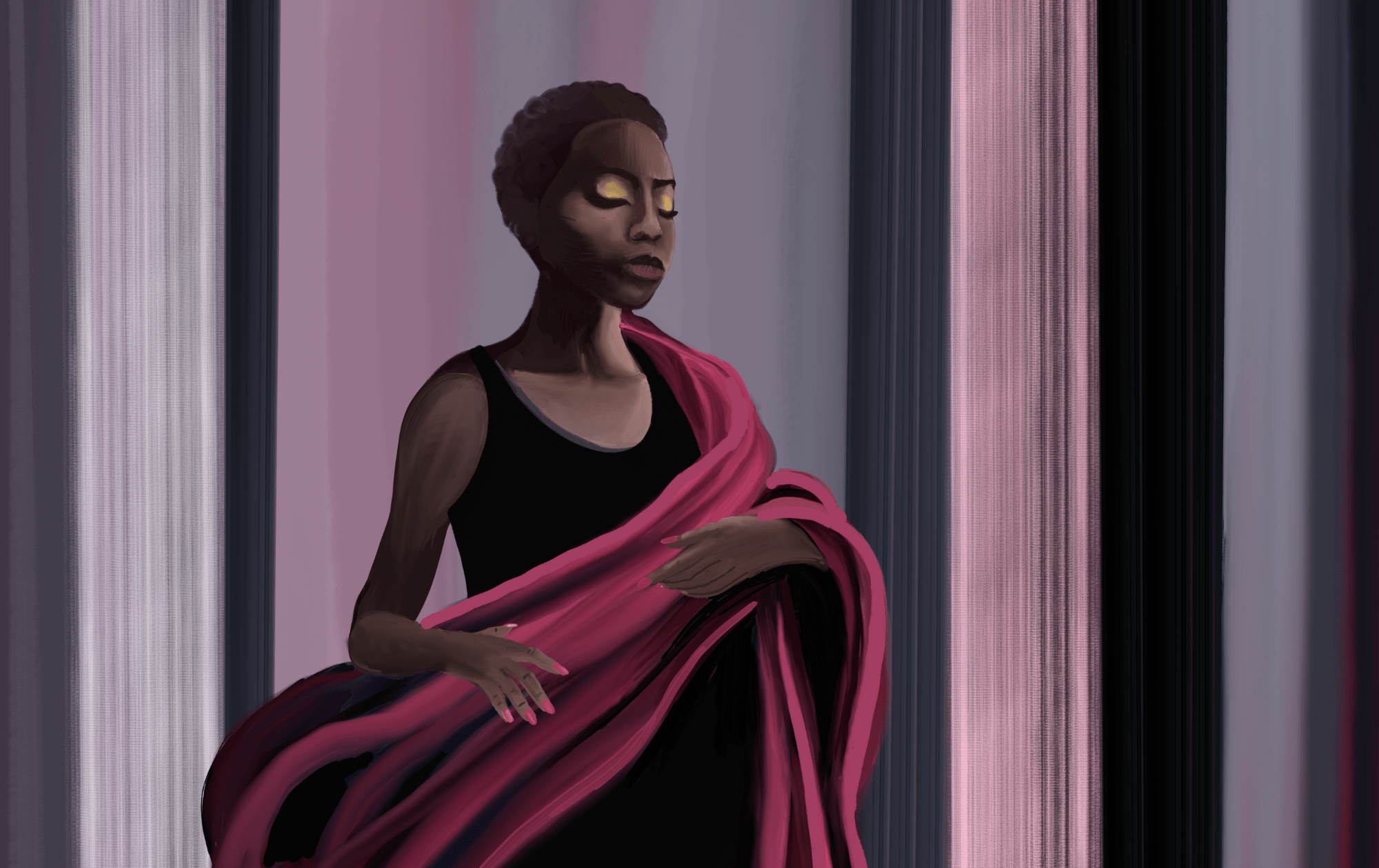 Painting titled “Magenta” by Creative Bubbles. A poised figure with closed eyes stands wrapped in rich magenta fabric, set against soft, vertical streaks of muted pinks, purples and greys. The mood is calm, introspective and quietly powerful.