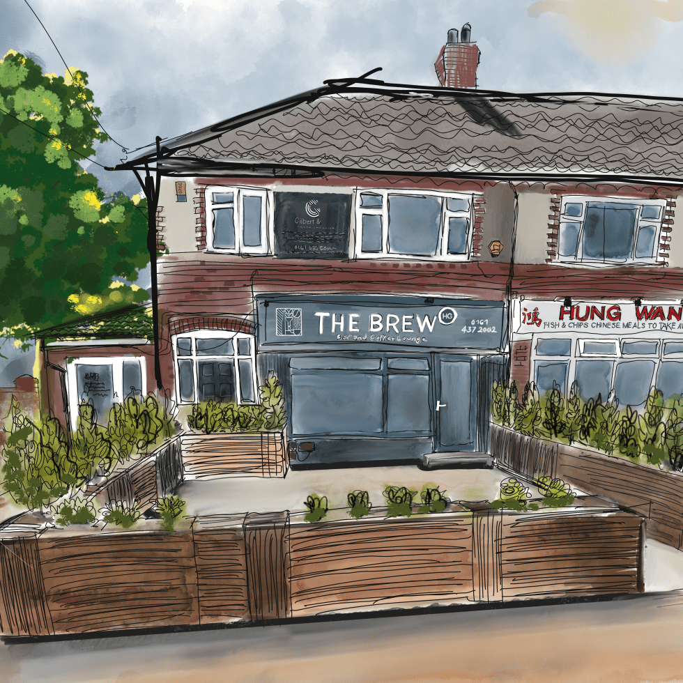Alt Text for Websites and Blogs (local + art SEO) Urban sketch artwork by Rebecca Art depicting The Brew HG bar and coffee lounge in Heald Green, Stockport. The Procreate digital sketch shows the terrace with wooden planters and greenery, highlighting this popular East Cheshire bar known for its intimate atmosphere and community events. Ideal for those searching local art, Stockport artists, or bars in East Cheshire. Alt Text for Social Media (art discovery + sharing SEO) Digital urban sketch by Rebecca Art of The Brew HG in Heald Green, created in Procreate. The illustration captures the terrace, plants, and shopfront, combining loose sketch lines with colour washes. Perfect for those searching for urban sketching, Procreate art, digital illustration, or local Stockport and Cheshire artwork.
