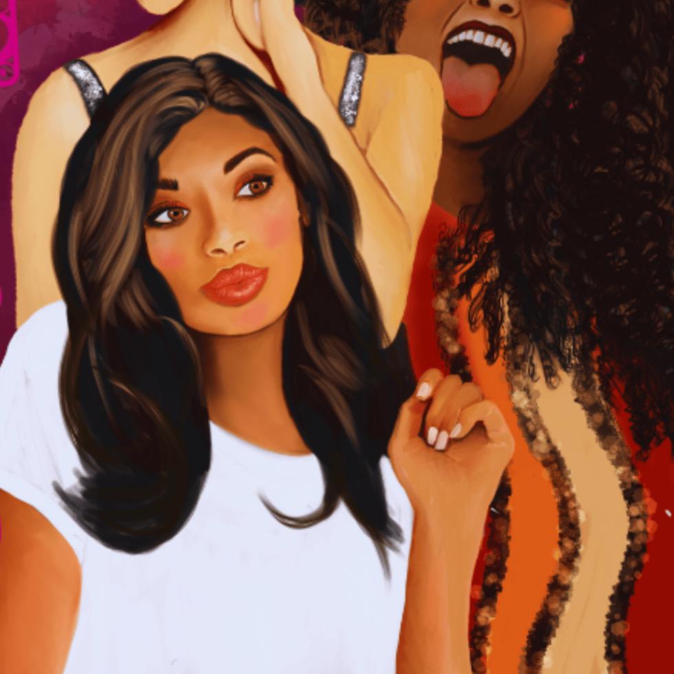 Illustrated artwork by Rebecca Art Manchester, created for Creative Bubbles By The Randoms, showing three expressive female figures that celebrate the many identities of women. In the foreground, a woman with long dark hair and warm skin wears a simple white top, her gaze thoughtful and strong. Behind her, another figure lifts an arm with elegance, while a third woman with voluminous curly hair laughs with her tongue out, radiating energy and freedom. This piece forms part of Creative Bubbles By The Randoms illustrated poetry collection, where short poems and original artwork are paired to capture emotion and identity. The project shares free illustrated poems online, bringing together poetry, art, and women’s voices in a unique collaboration by independent creators. Optimised for searches on poetry, art, women in art, illustrated poetry, Creative Bubbles, Rebecca Art Manchester, and independent poetry and art collaborations.