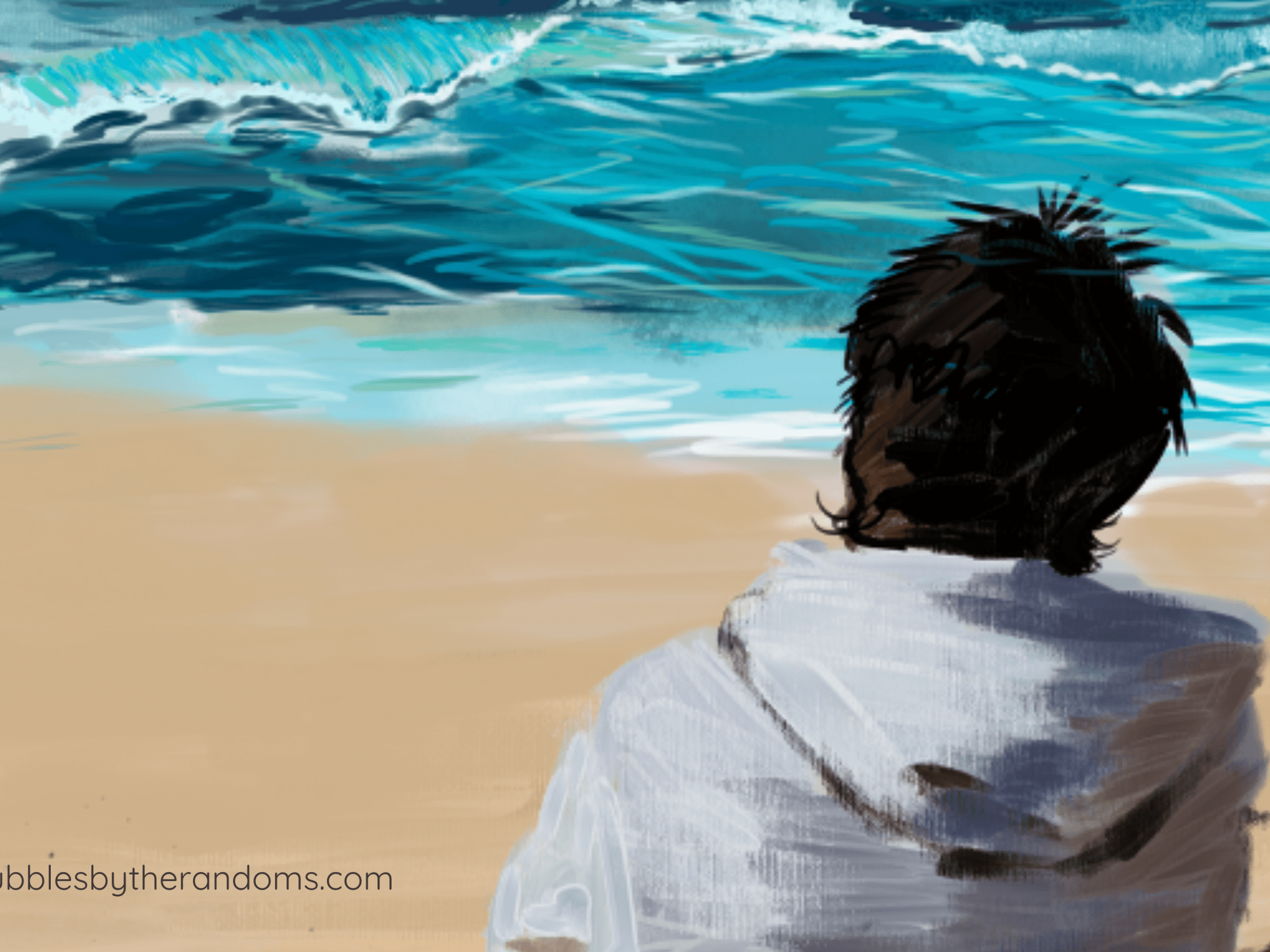 An illustrated artwork by Rebecca Art for Creative Bubbles by The Randoms, showing a person sitting on a sandy beach, gazing towards turquoise waves under a soft sky. The scene evokes calm reflection and self-discovery, capturing the spirit of midlife awareness and quiet renewal.