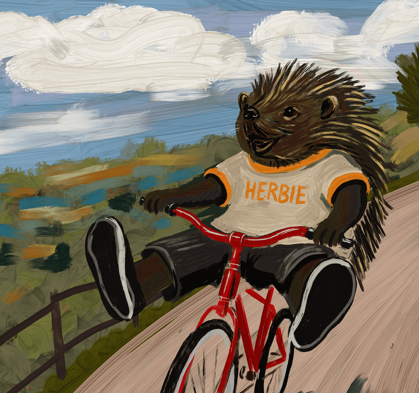Painted artwork of Herbie the hedgehog freewheeling downhill on a red bicycle, wearing a cream T shirt with his name on it, surrounded by rolling countryside, trees, clouds and open sky.