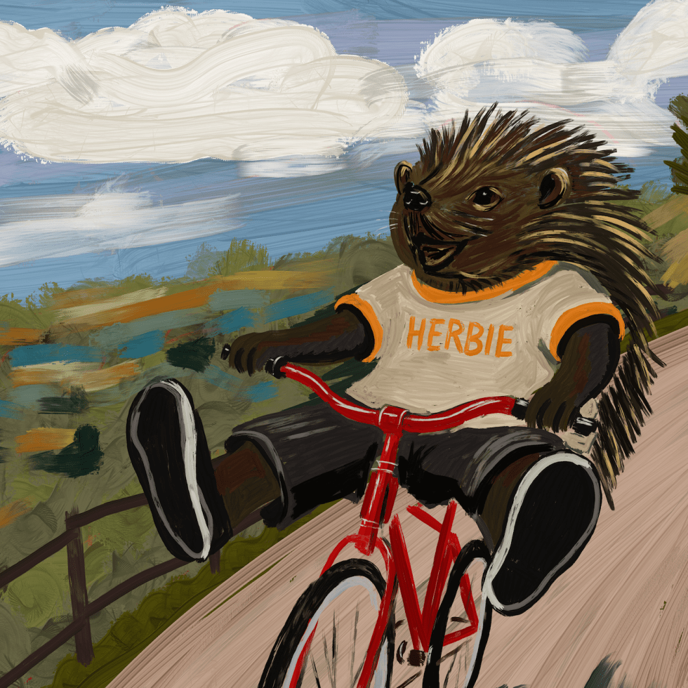 Painted artwork of Herbie the hedgehog freewheeling downhill on a red bicycle, wearing a cream T shirt with his name on it, surrounded by rolling countryside, trees, clouds and open sky.