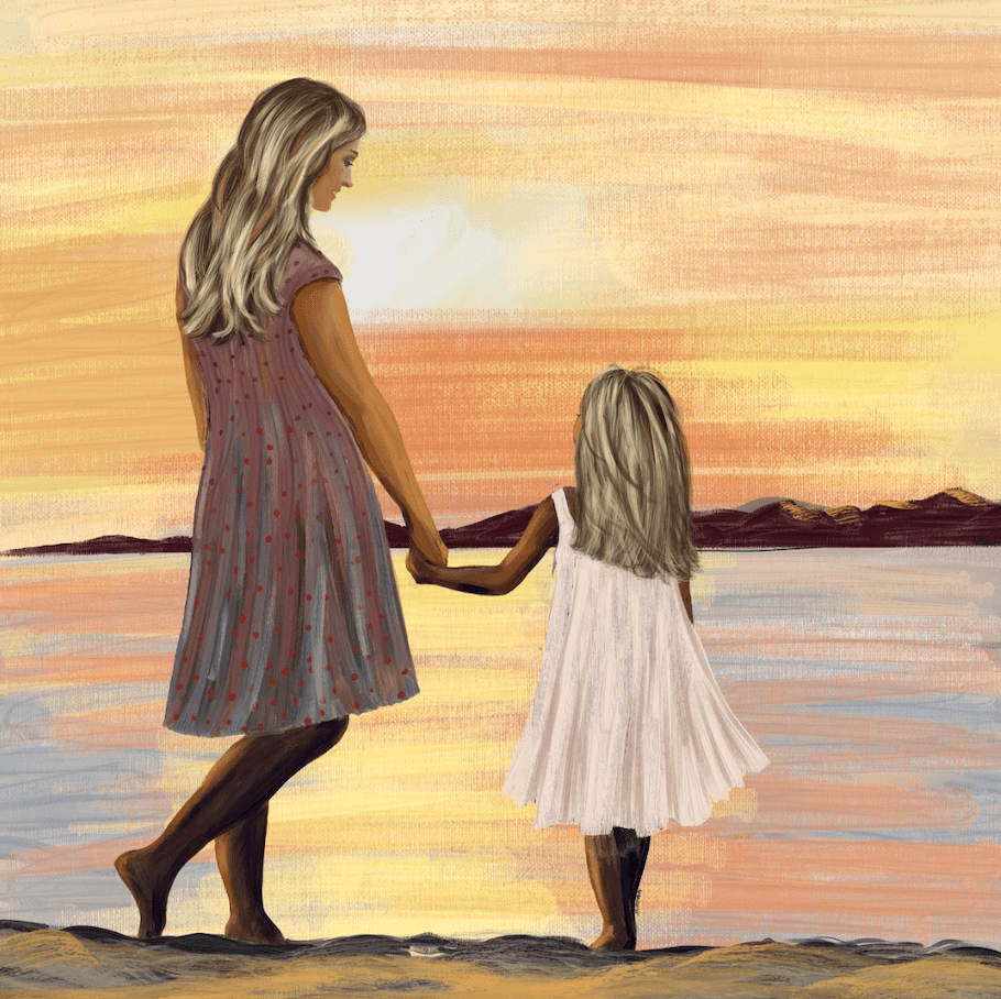 A painting of a mother and daughter standing hand in hand at the water's edge during sunset.